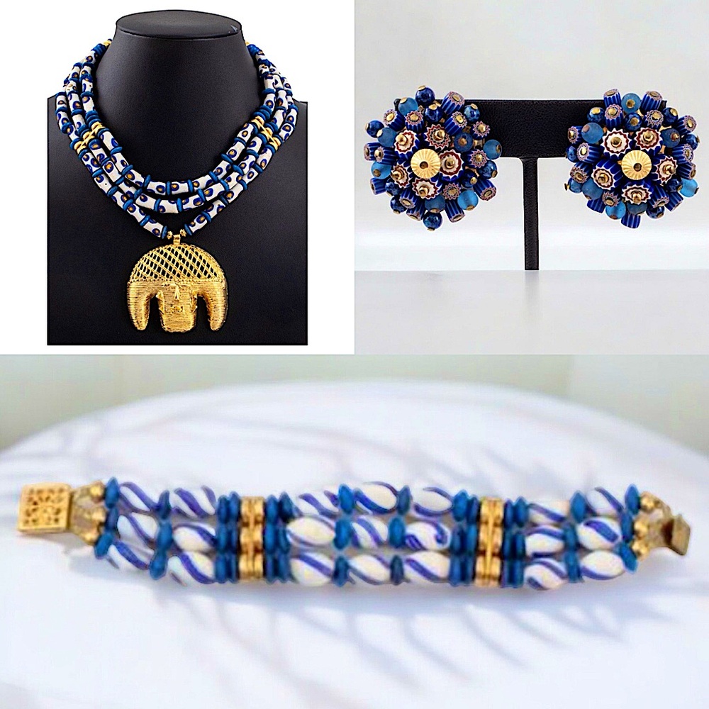 3 strand eye Trader bead necklace with a bracelet and Cheveron Vintage Earring.